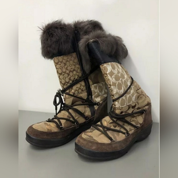 Like NEW Coach Designer Laurilyn Brown Patchwork Fur Winter Designer Boots Sz 8 - Picture 3 of 7